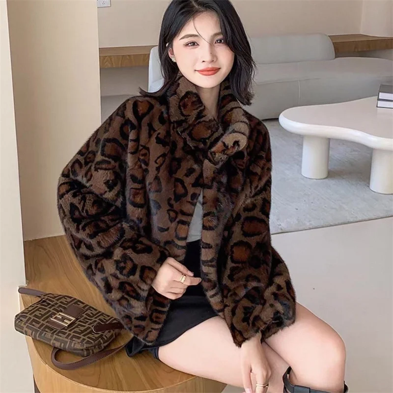 Leopard-print Fur Coat Women's Short Mink Fur Jacket Autumn Winter Stand-up Collar Thicken Casual Outerwear Faux Fur Overcoat