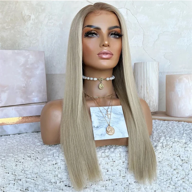 

Highlight Ombre Ash Blonde Color Straight Wigs Synthetic Lace Front Wigs Baby Hair 24 Inch Long Wavy Frontal Lace Wigs For Women