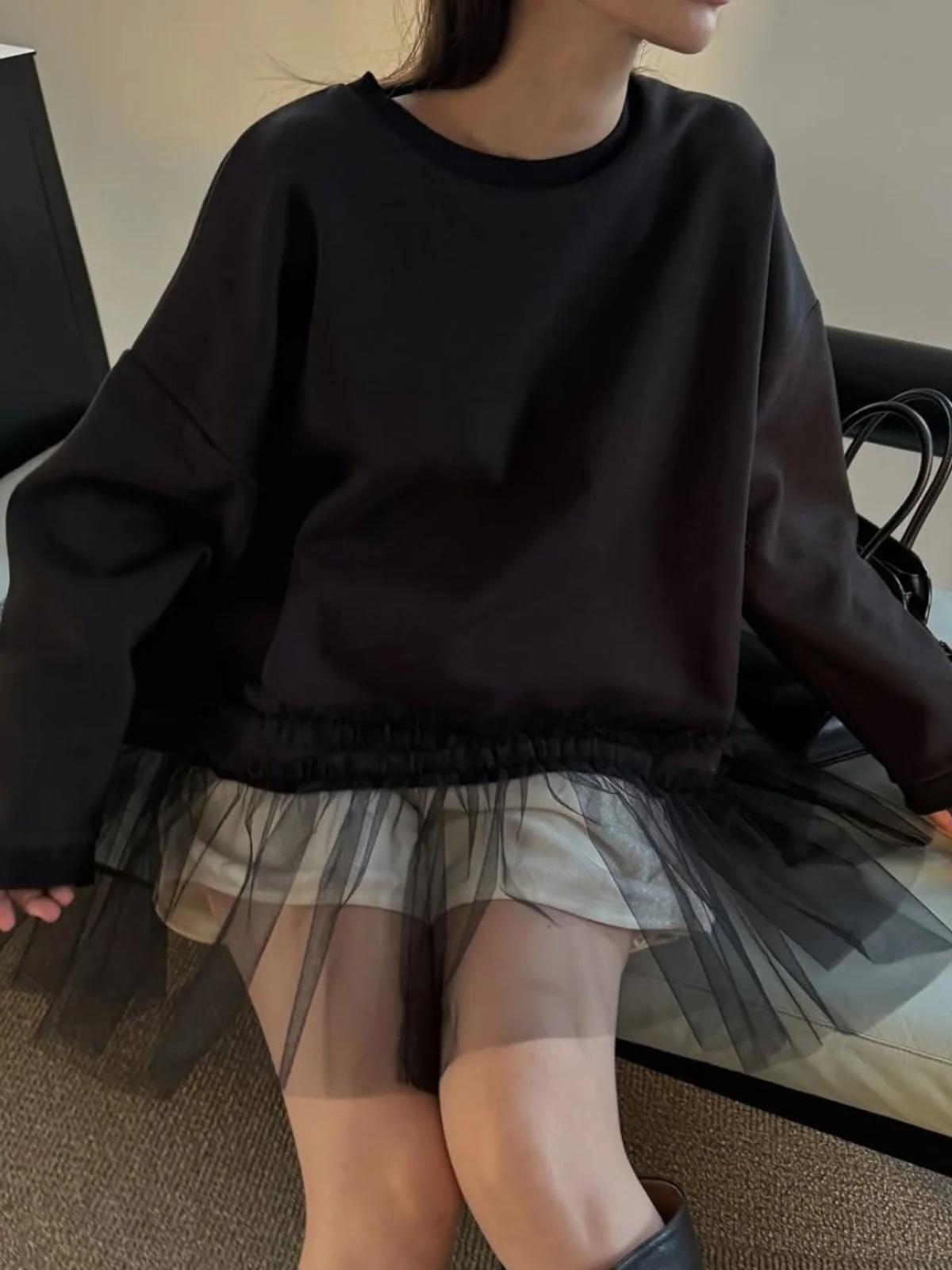 Primavera em torno do pescoço emenda malha mole f solto moda versátil jovem topo estilo coreano manga longa cor sólida