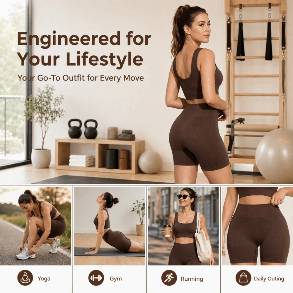 2pcs High Waist Design Ribbed Crop Tank Pull-On Style Stretchy Material Yoga Exercise Outfits High Waist Yoga Shorts Gym Workout