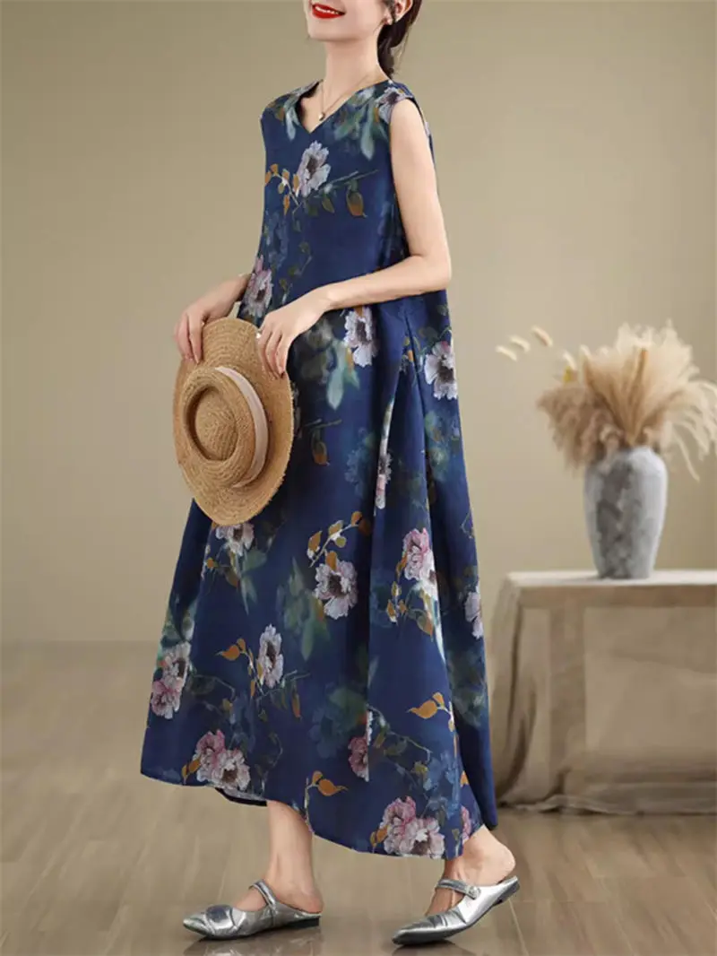 Large Size Women's Dress 2024 Summer Simple Printed Sleeveless V-Neck Long Vest Dress Casual Loose Clothing K2031