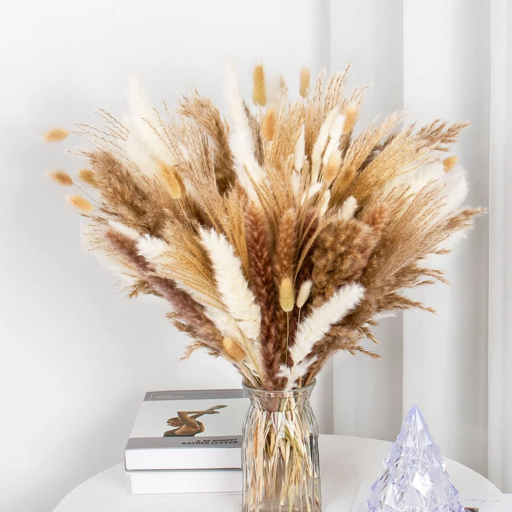 110pcs Natural Dried Pampas Grass Bouquet Boho Home Decor Phragmites Dried Flowers Bouquet for Wedding Floral Arrangement