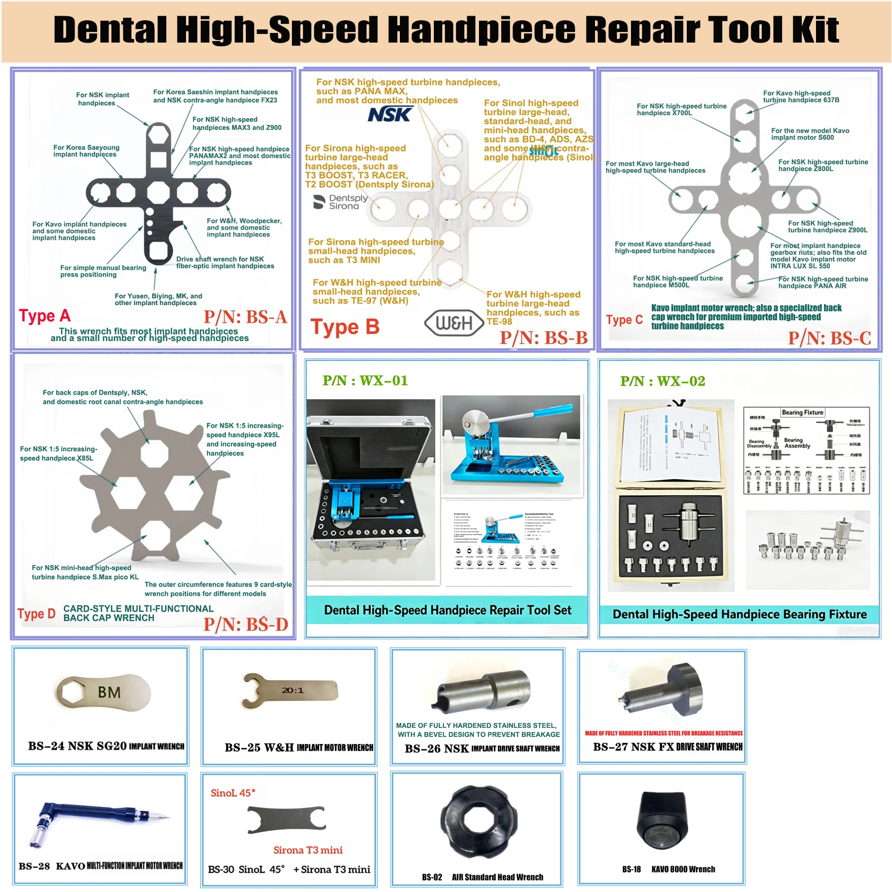Multiple Models Dental Turbine Handpiece WrenchTool Fit NSK/WH/SIRONA/BEING/SINOL/KAVO Planting Motor Handle Dental Tools