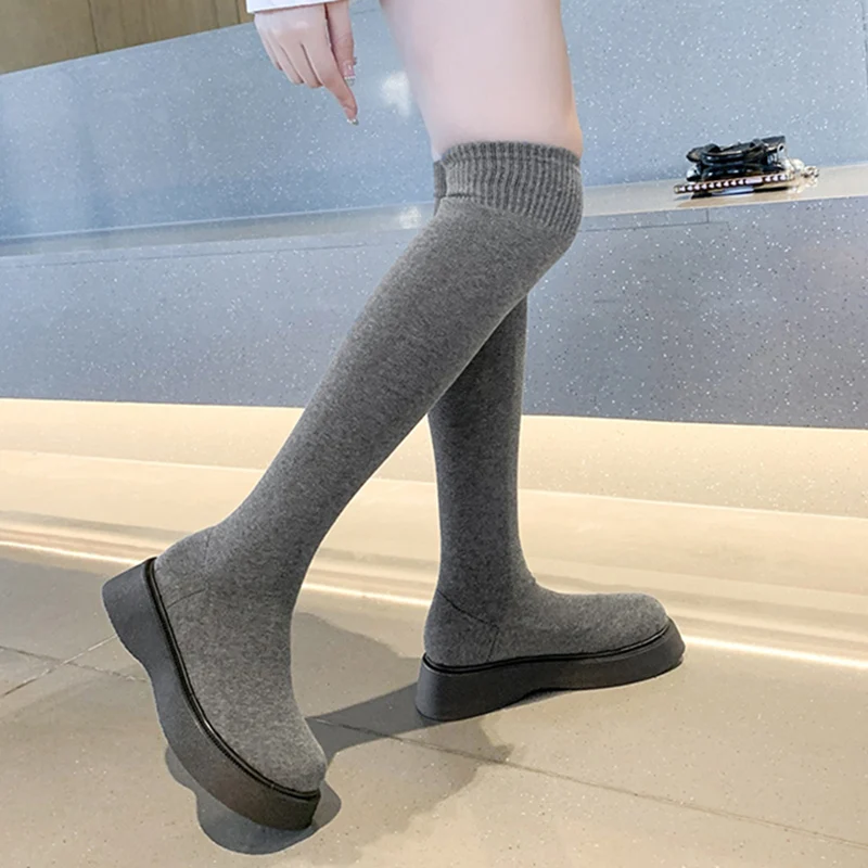 Botas por encima de la rodilla con plataforma para mujer, calcetines de punto elásticos, Botas Largas, zapatos de fondo grueso sin cordones, Otoño