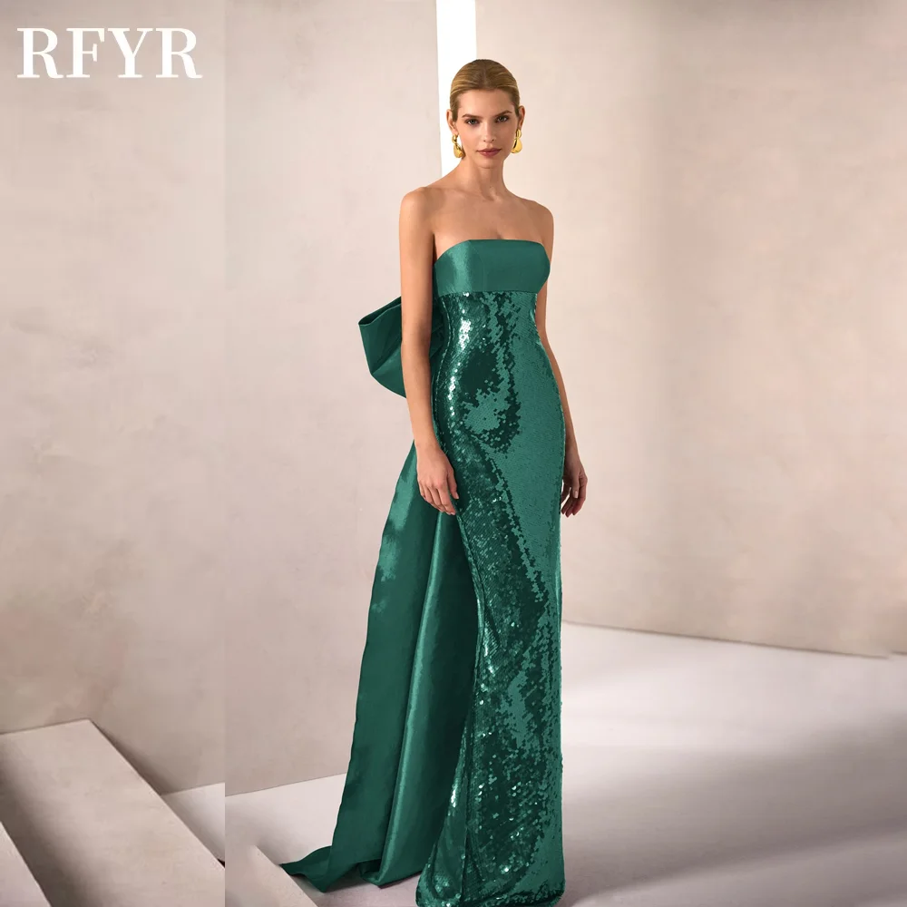 RFYR Mermaid Evening Dress Sequined Prom Dress with Bow Back Party Dress Strapless Celebrity Dress for Arabic Women Customized image 3