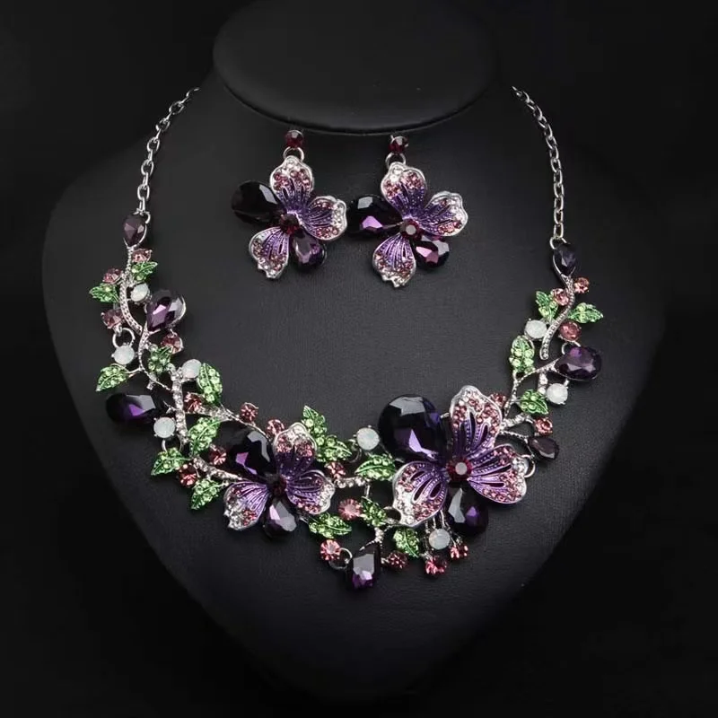 Zlxgirl jewelry Classice Fashion women\'s wedding jewelry sets colorful Enamel flower necklace with earring accessory