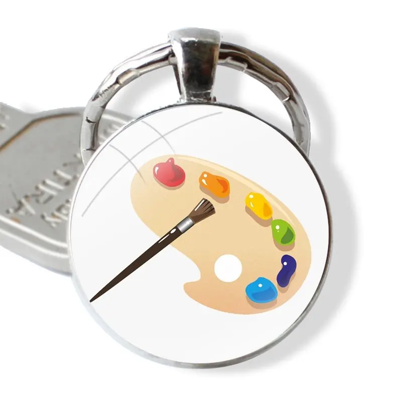 New painter tools-palette and brush Keychain Handmade Glass Cabochon Key Ring Holder Pendant Key Chains