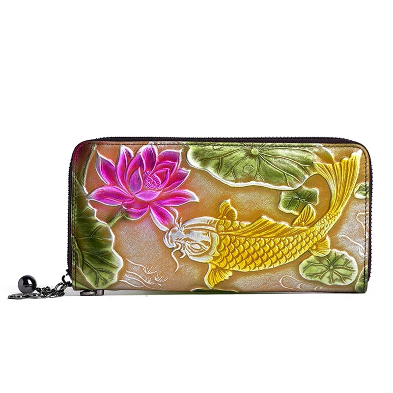 Nuovo portafoglio lungo da donna in vera pelle goffrata con motivo floreale a forma di pesce borsa a mano borsa con cerniera frizione stile cinese