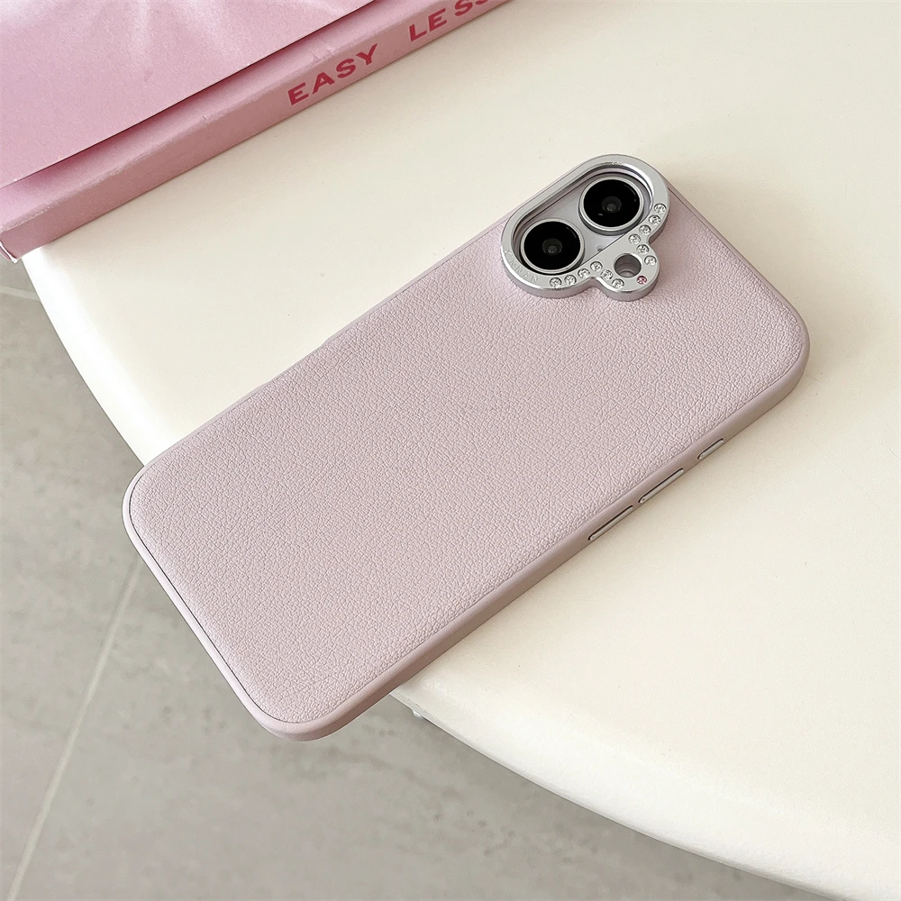 Solid Color Rhinestone Leather Texture Case For iPhone 16 15 14 Plus Pro Max Luxury Shockproof Camera Protective Bumper Cover