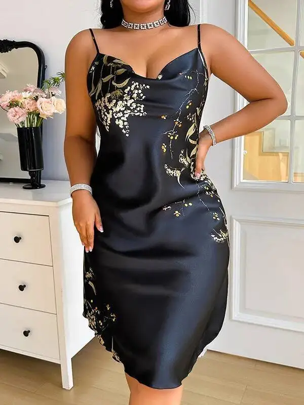 Nowa piżama damska plus size z nadrukiem, imitacja jedwabiu, seksowna sukienka na ramiączkach z poliestru, bez pleców, odzież domowa, codzienna odzież do spania AIBP