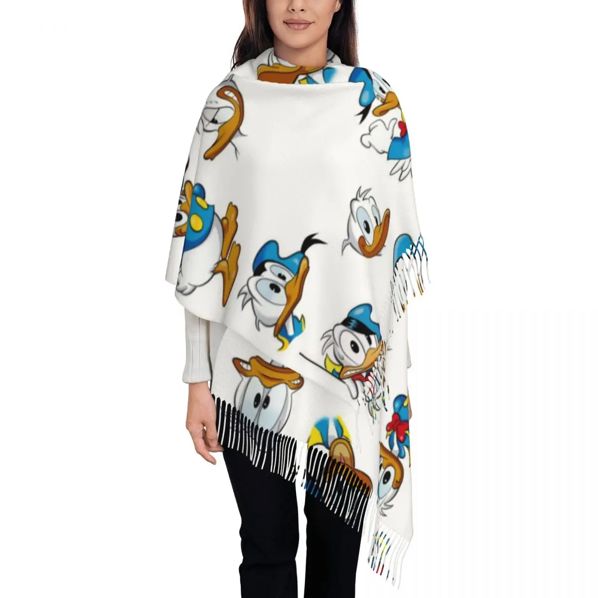 

Custom Ladies Large Donald Duck Cartoon Scarves Women Winter Fall Thick Warm Tassel Shawl Wrap Scarf