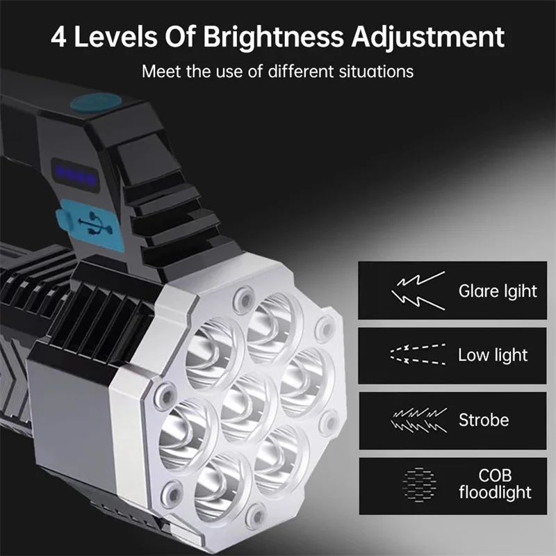 USB Rechargeable 7 LED Flashlight with Cob Floodlight High Power USB Charging Flashlights Outdoor Lighting For Camping Hiking