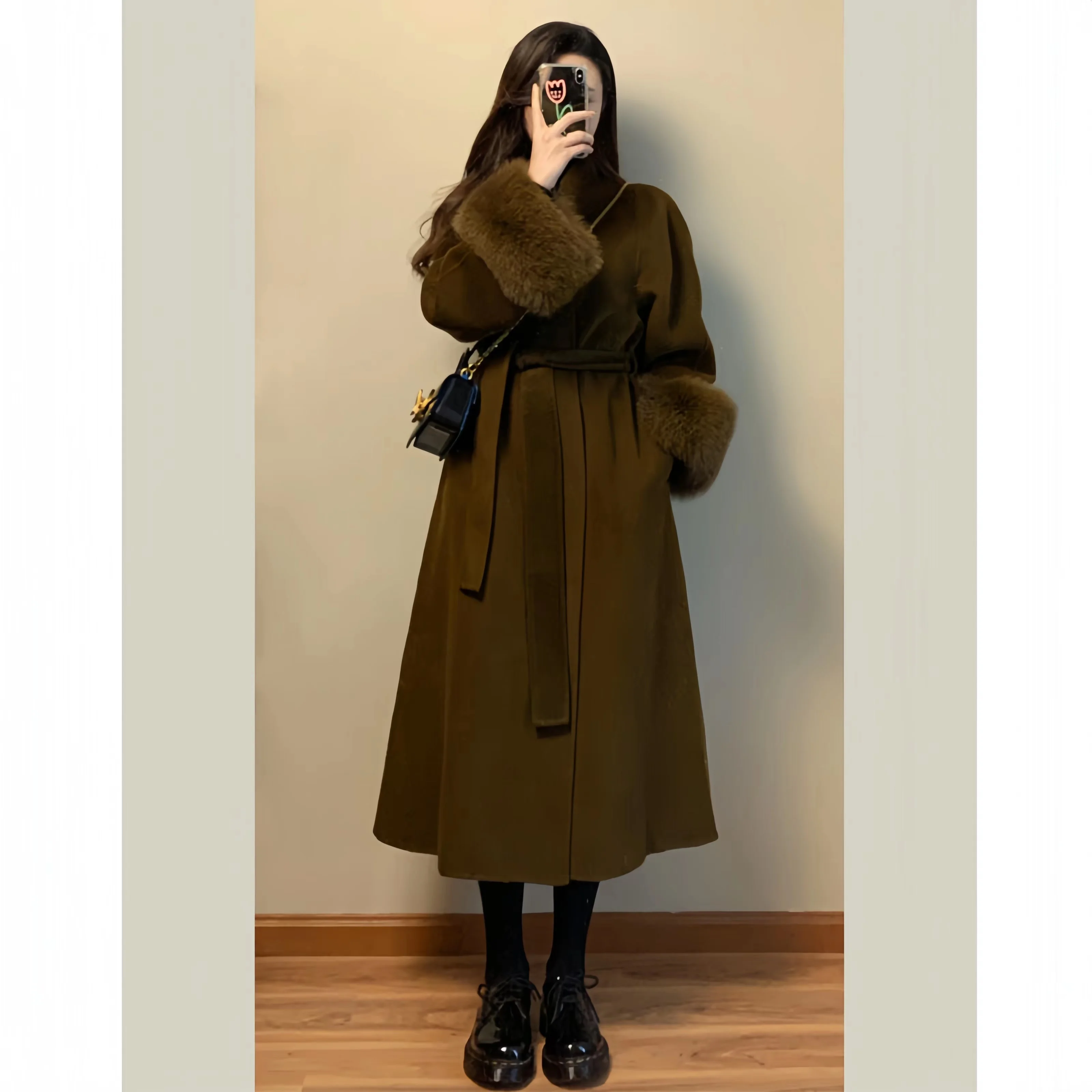 French Wool Coat for Women, Faux Fox Fur Cuffs, Adjustable Waist, Elegant Female Cashmere Jacket, High Quality, Autumn Winter