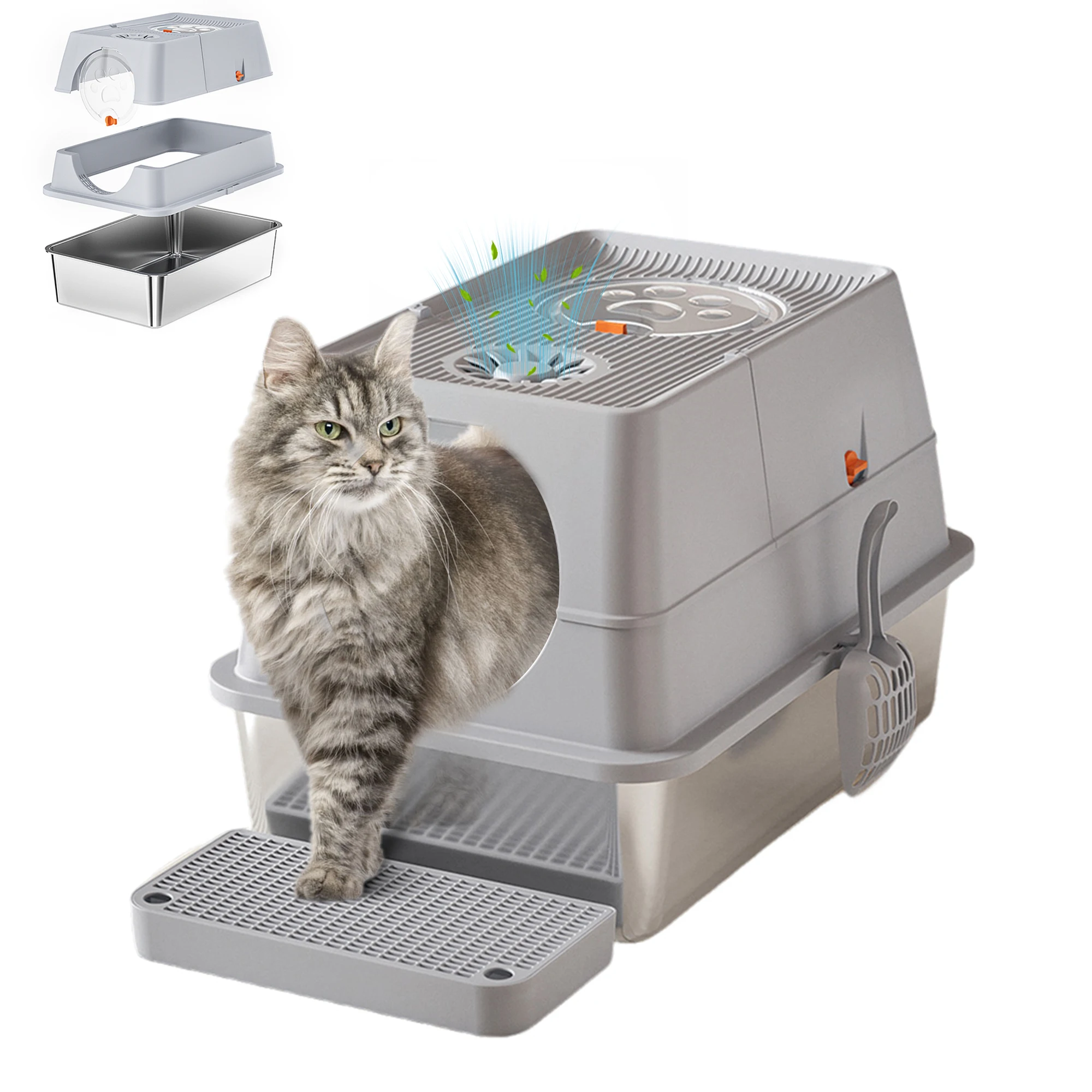 

Stainless Steel Covered Litter Box Large Top Entry Metal Litter Box for Cats, with Flip Cover, Removable Top and Litter Scooper