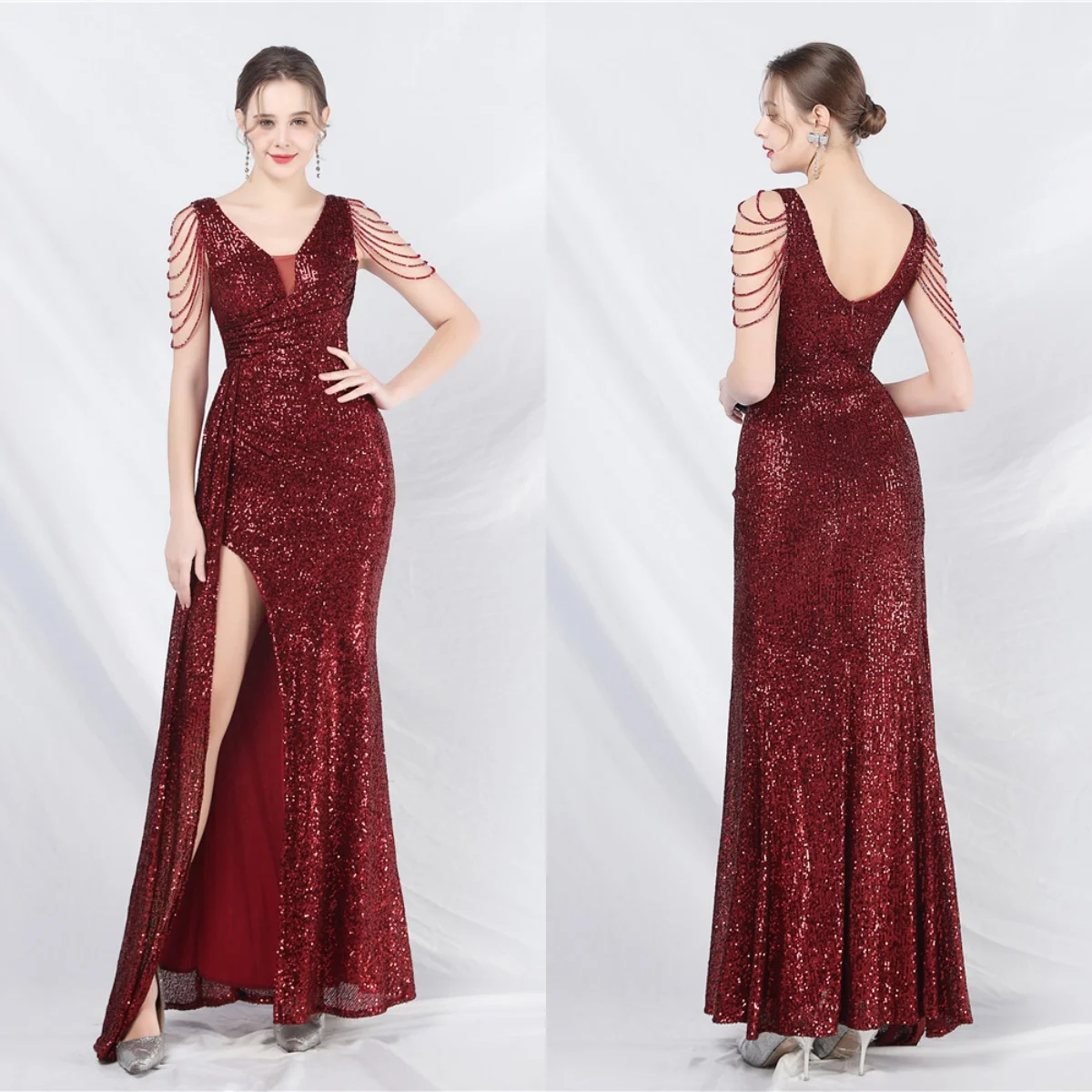 

Evening Dress Burgundy Sequins Beads Stretchy V-neck Zipper Mermaid Trumpet Floor Length Slit Women Party Formal Gown YE335