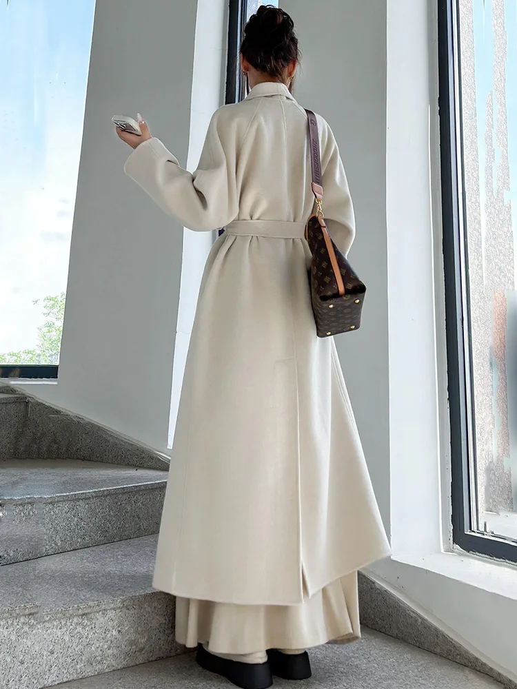 New Women Elegant Daily Double-Faced Wool Coat Autumn Winter Fashion Chic Turn-down Collar Long Wool Blends Coat Simplicity Coat