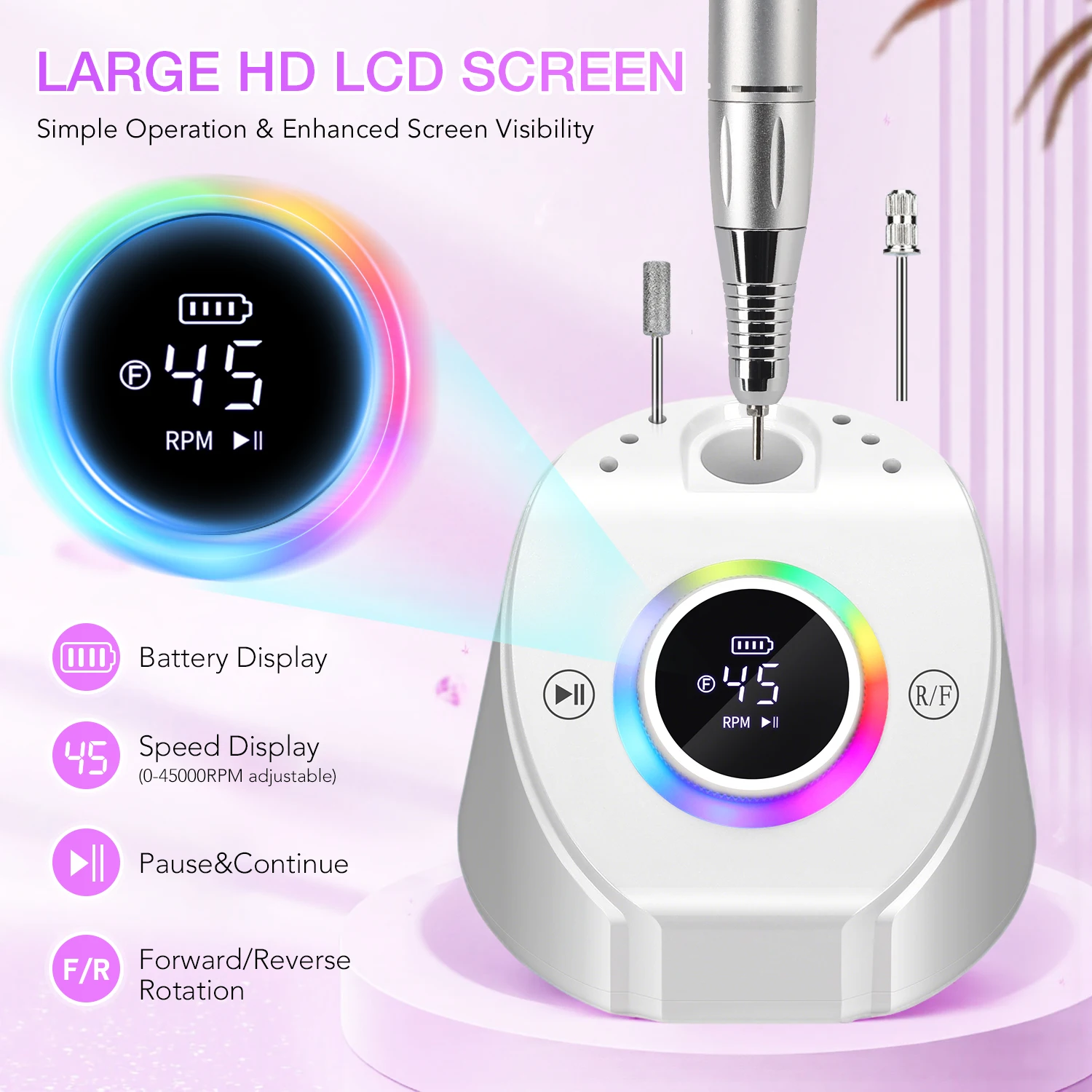 ชุดสว่านไฟฟ้าแบบพกพา 45000 รอบต่อนาที เครื่องเจาะเล็บมืออาชีพ ชุดเครื่องขัดเล็บไฟฟ้าแบบชาร์จได้ สำหรับร้านทำเล็บ