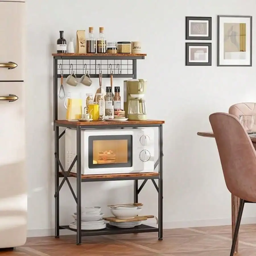 Kitchen Baker's Rack With Cabinet And Coffee Bar - 4-Tier Pot & Pan Shelf Featuring S-Hooks And Pegboard - Rustic Brown Spice Storage Workstation - Ideal For Small Spaces & Farmhouse-Style Storage