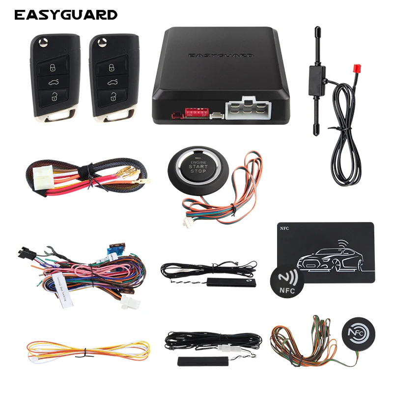 

EASYGUARD Smartphone Optional APP car alarm remote starter with passive keyless entry push start button & NFC lock unlock