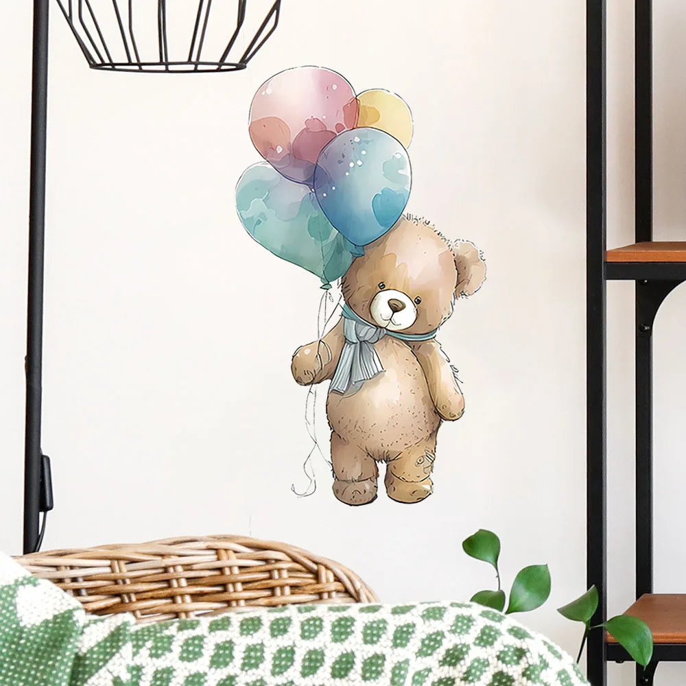 Watercolor Teddy Bear Balloon Wall Stickers, Pastel Nursery Decals for Kids Room