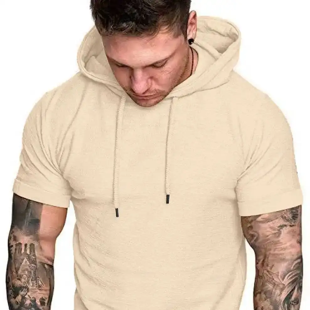 New summer hooded T-shirt men's solid color men's short sleeve T-shirt hoodie