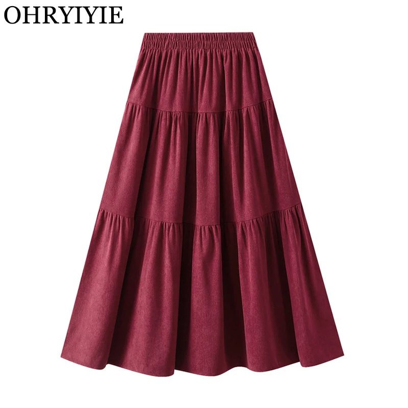 

Red Vintage Corduroy A-line Skirt Women Autumn Winter Large Skirt Women's 2024 New Mid-length Skirt Female Black Long Skirt Lady