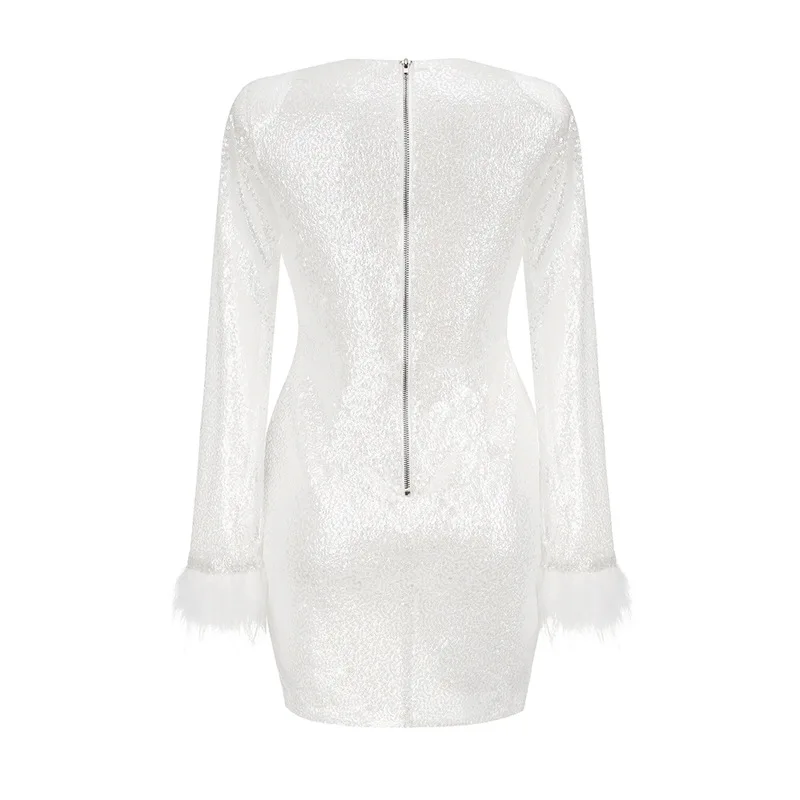 European American high-end women's sequined cuffs feather robe femme slim fit irregular elegant dress women traf vestidos