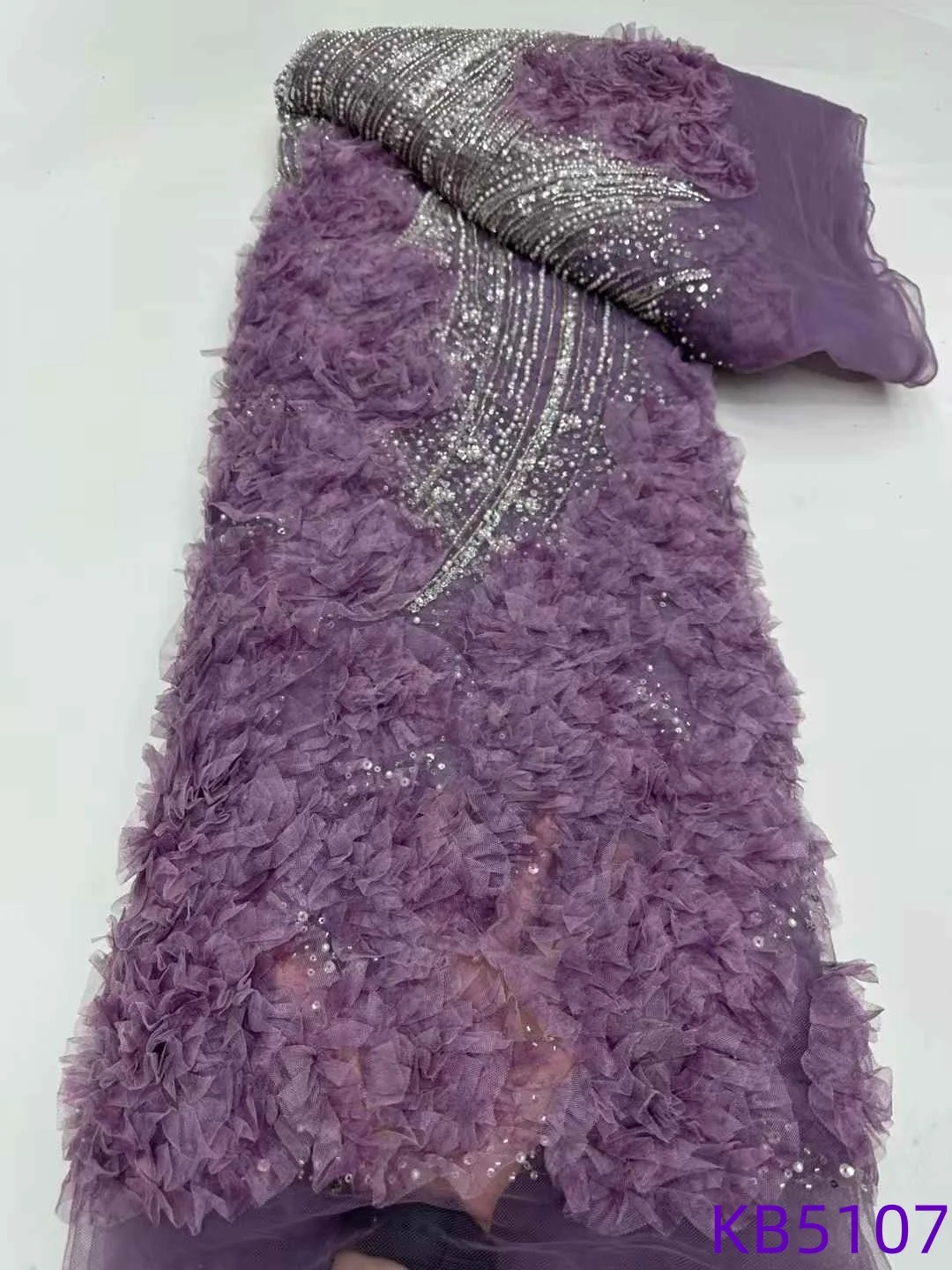

2025 Purple 3D Flower Lace Fabric Beaded Sequins Embroidered Lace African Green Sequins French Mesh Lace Beads For Sewing KB5107