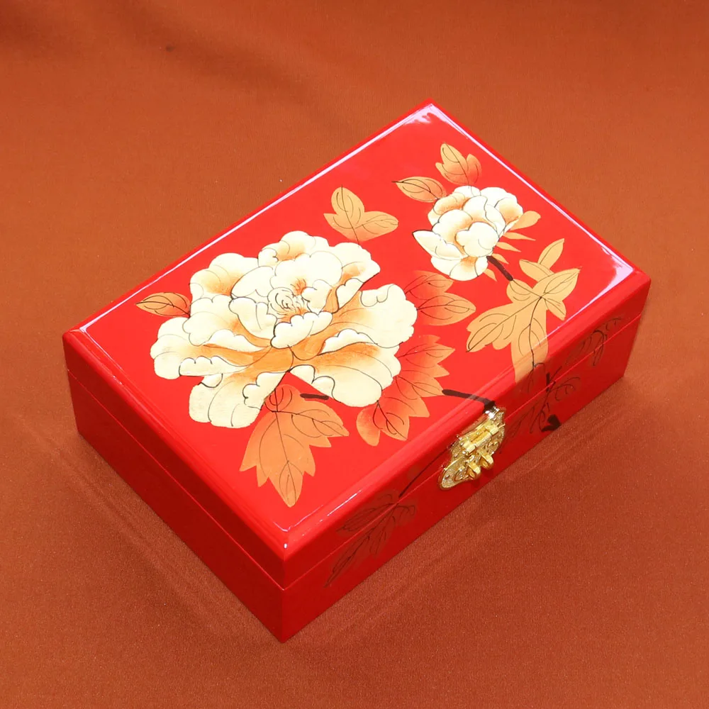 Traditional Chinese Lacquerware Wooden Jewelry Storage Boxes Wedding Decor hand push brush light lacquer Organizer Cosmetic Case