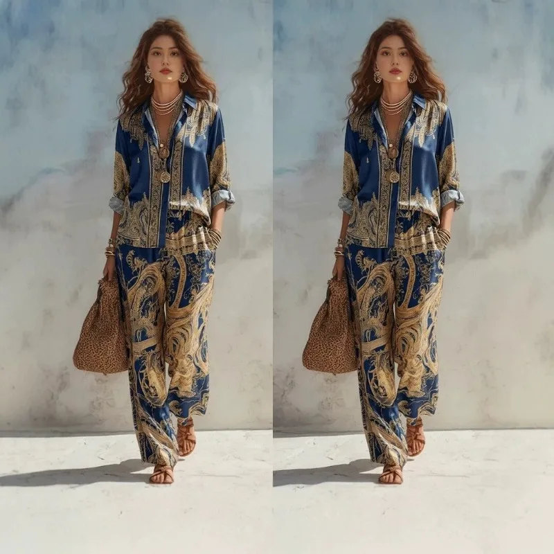 Boho Luxury Golden Paisley Print Two Piece Pants Set Women Oversized Blouse Wide Leg Trousers Holiday Beach Matching Outfits