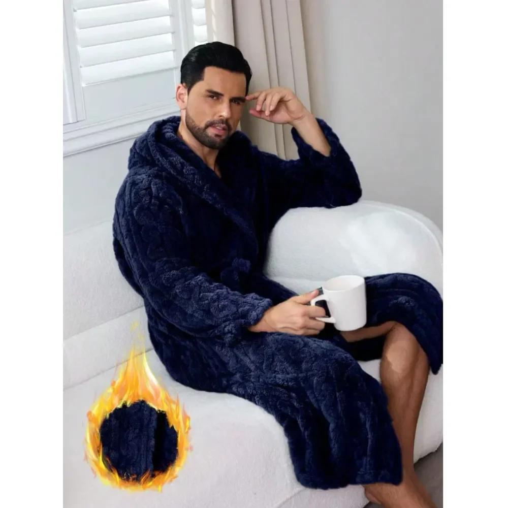 

Autumn Winter Multicolor Long Plush Cable Knit Hooded Bathrobe, Elegant Charming Fashion Mens Casual Loungewear Couples Robe
