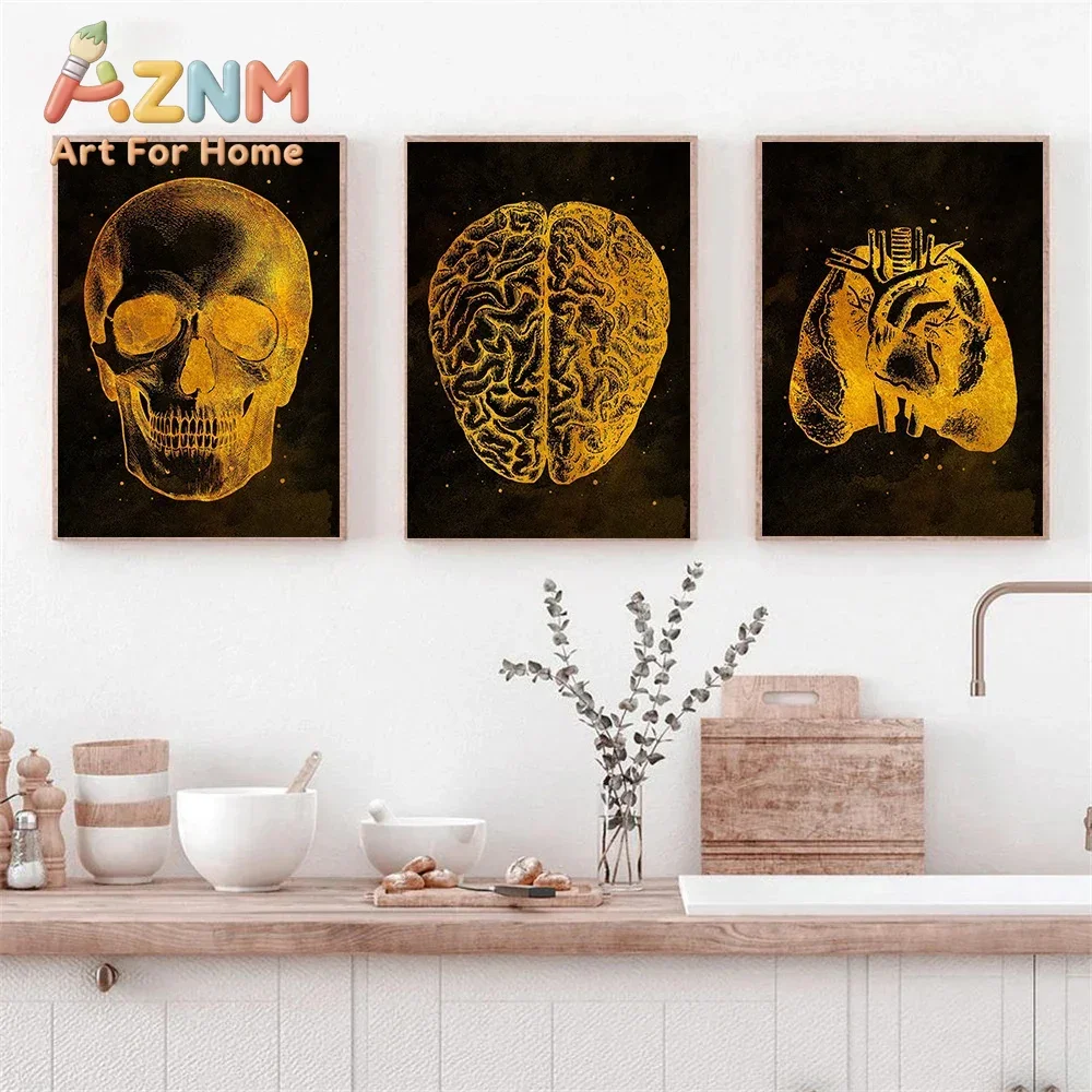 1pc frameless Canvas Painting  Anatomy Human Skull Heart Lung Skeleton Brain Teeth Poster Canvas Painting Print Golden Wall Art
