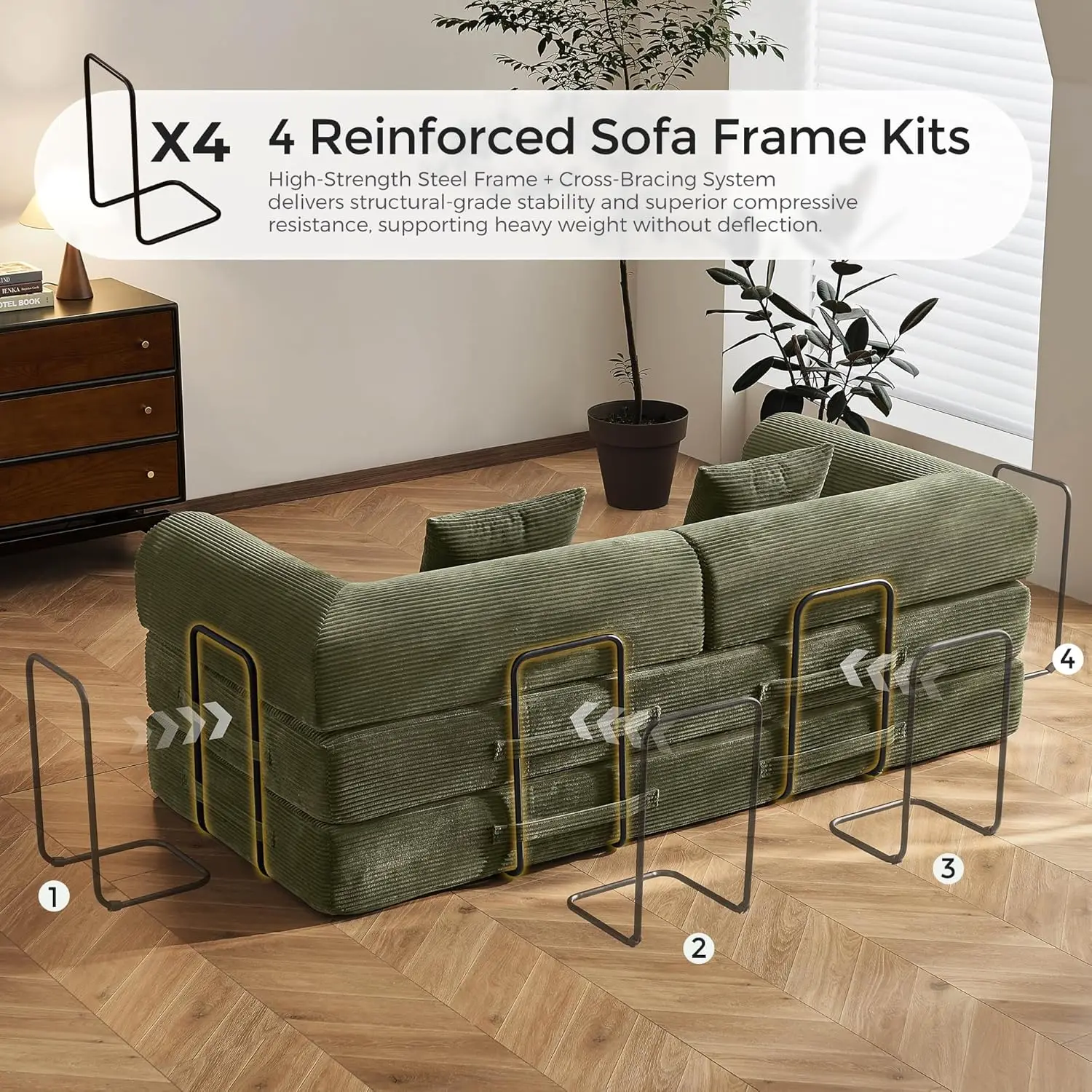 79" Convertible Sofa Bed with Fixed-Shape Frame & Removable Armrests, Modular Corduroy Sleeper Sofa, Folding Mattress Couch for