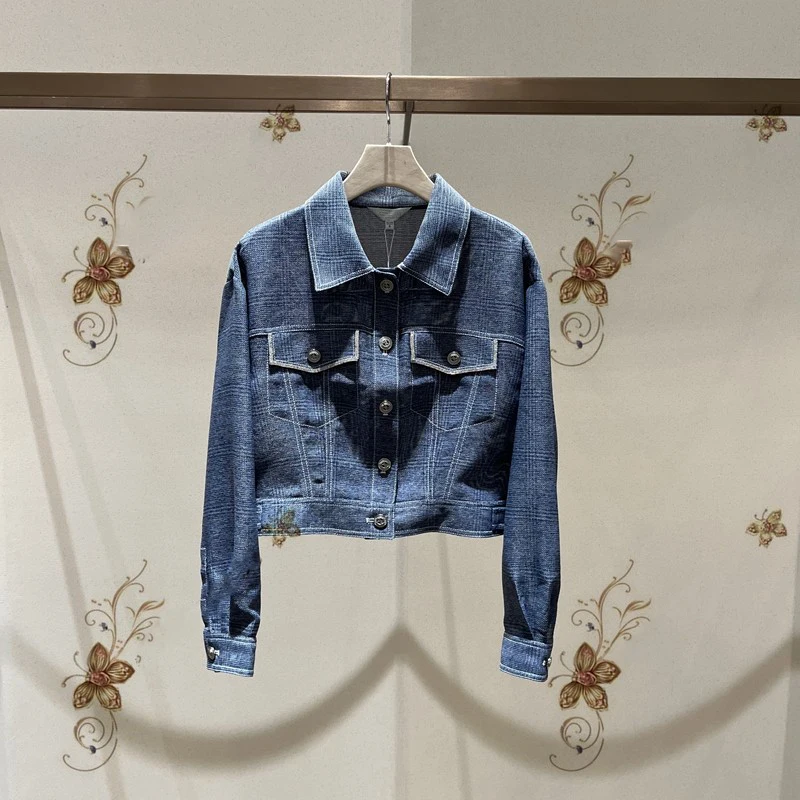 

Ele ort Outerwear Women's Plaid Design Pearl Chain Embellied Straight Cut Regular Sve Long Collar Spring Faion