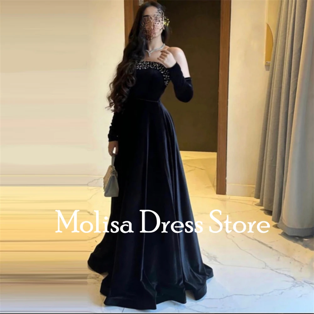 Fashion Black Strapless A-Line Beading Velour Formal Occasion Prom Dresses Floor-Length Women Evening Party Dress  فساتين السهرة