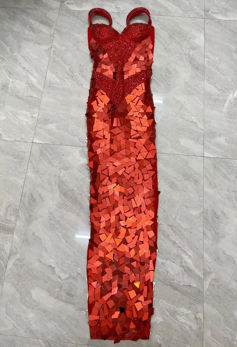 Sexy Red Gold Sparkly Rhinestones Mirrors Suspenders Dress Birthday Party Elegant Gowns Red carpet Show Photoshoot Stage Wear view 4