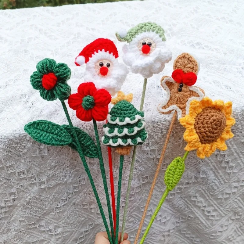 Christmas Creative Woolen Handmade Crocheted Flowers Single Bouquet Finished Holiday Gifts School Decorations  House Decoration