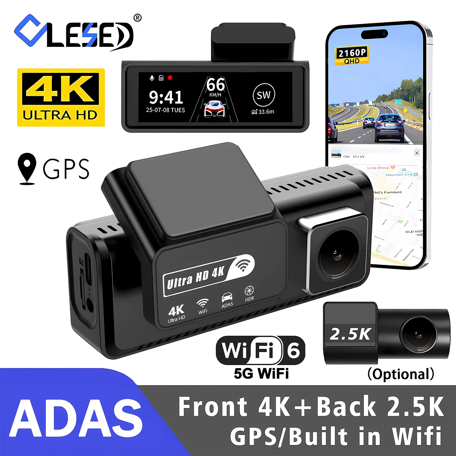 ADAS 4K Car Front Dash Cam 2.5K Rear Mini 5G WiFi DVR Black Box with 24H Parking Monitor Night Vision GPS/Rear View Camera
