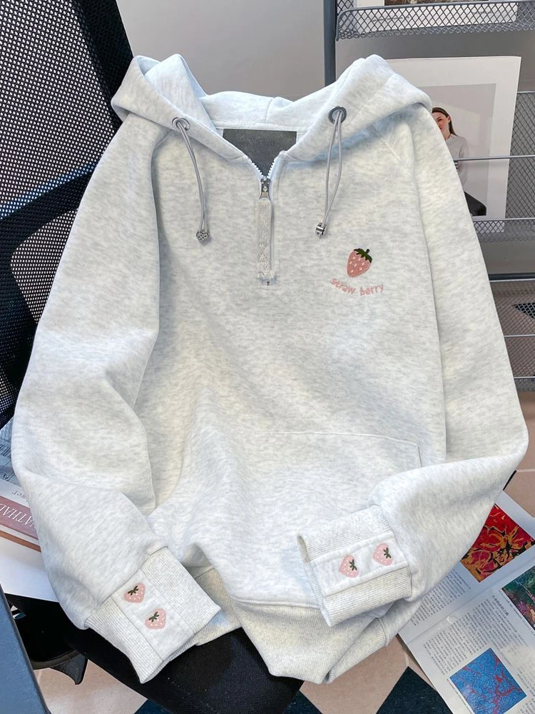 Oversized Hoodie Cartoon Embroidery Half Zipper Sweatshirt Sweet Casual Tops Female 2024 Spring Autumn Clothing.