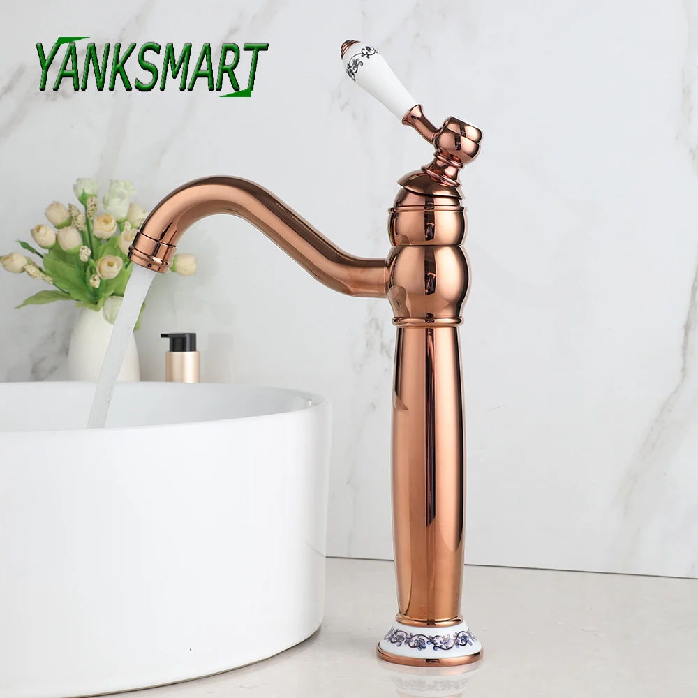 YANKSMART Bathroom Faucet Ceramic Single Handle Basin Mixer Tap Bathtub Washbasin Faucets  Deck Mounted Vessel Sink Water Taps