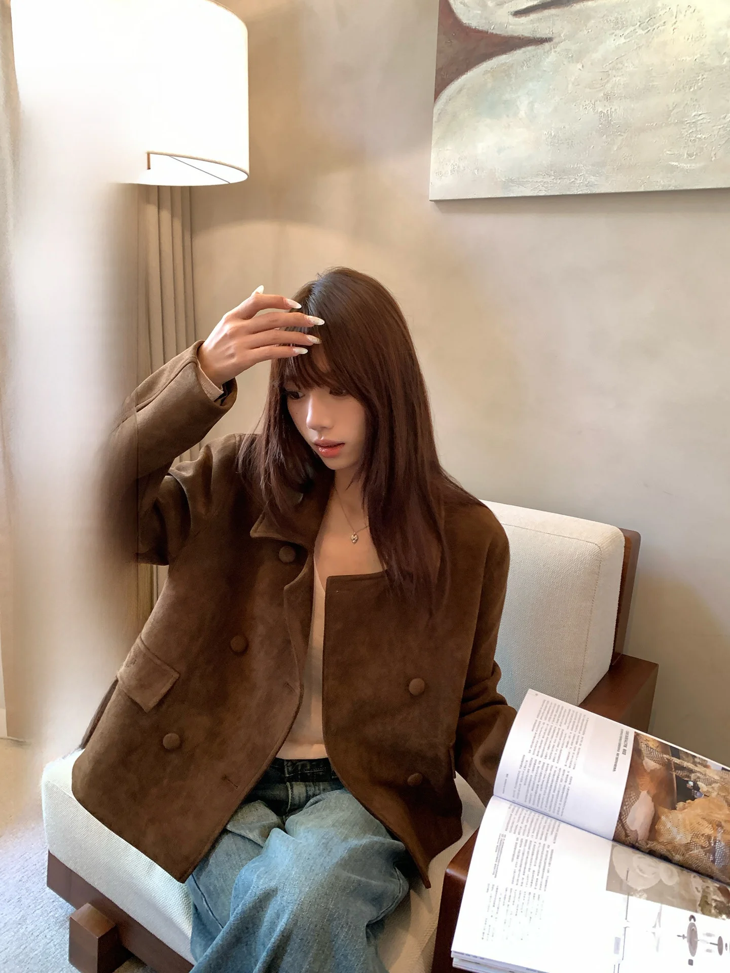 

YOKLASS Retro Lapel ort Suede ort Coat Women Early Autumn New Korean Sle Faion Quali Loose Top Women's Faion