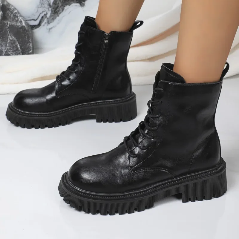 2024 New Women's Shoes Side Zipper Women's Boots Fashion Front Lace-up Modern Boots Women Winter Plus Size Solid Mid-Calf Boots