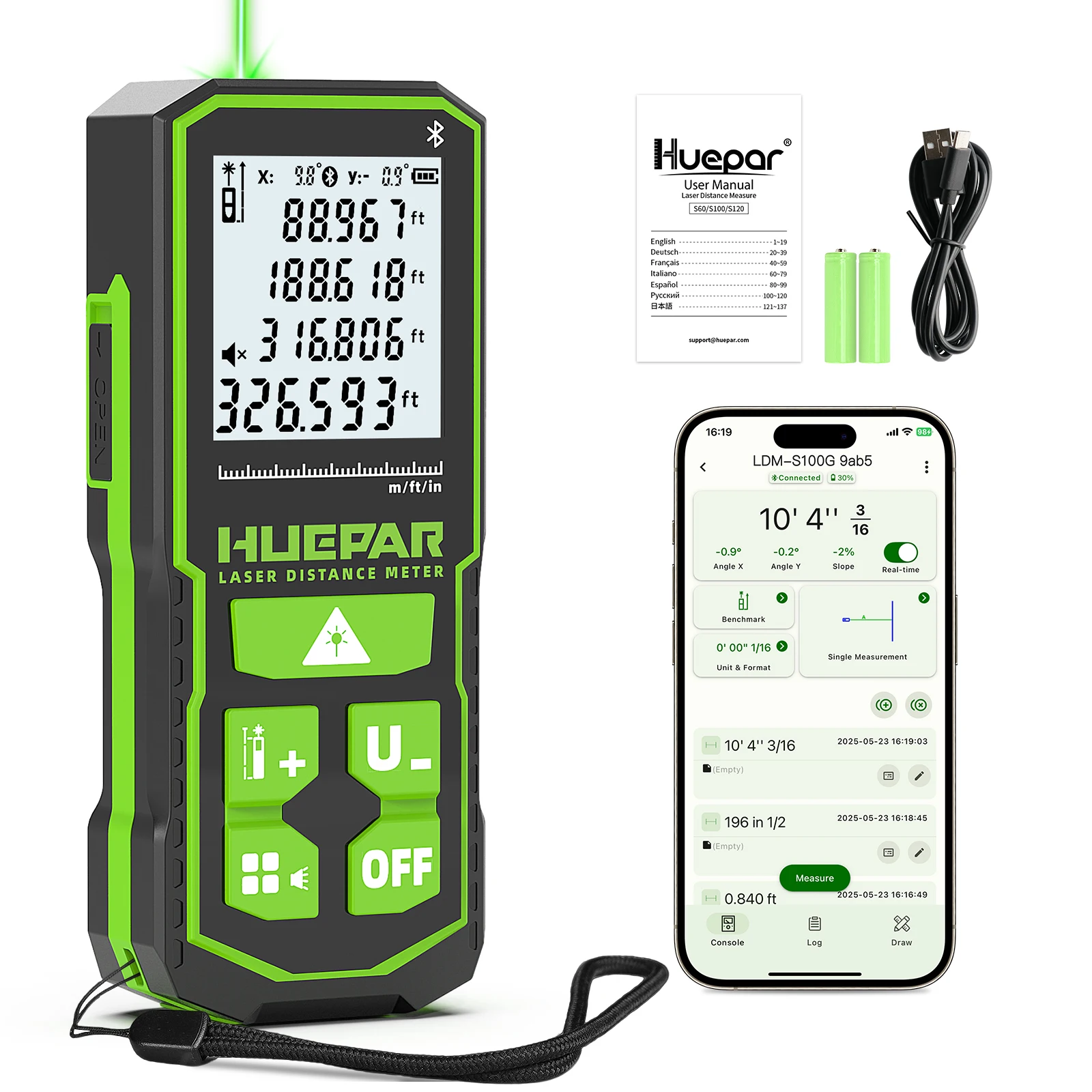 huepar-60m-bluetoothed-laser-distance-meter-green-beam-laser-measuring-tool-with-angle-sensor