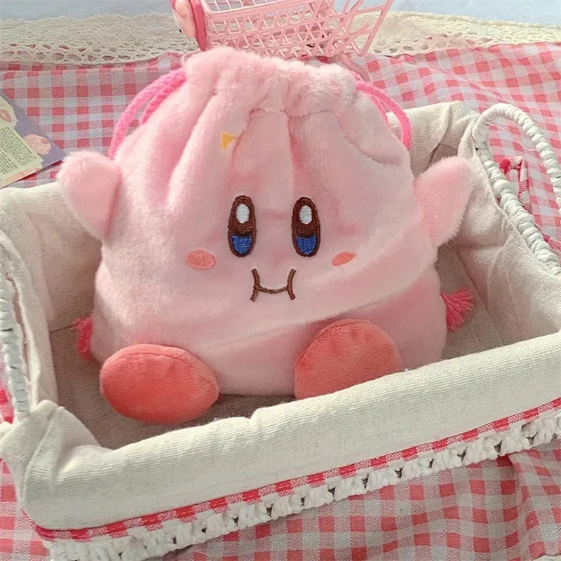 Star Kirby Storage Bag Plush Cosmetic Bag Cute Plush Toy Portable Drawstring Pocket Kawaii Kirby Cartoon Pink Coin Purse Gift