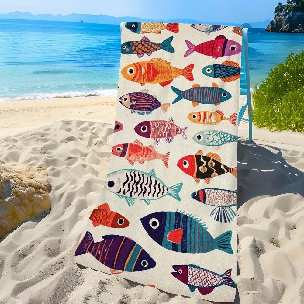 Vibrant Cute Fish Print Beach Towel Patterned Sunscreen Windproof Suitable For Swimming Pool Camping Travel Blanket