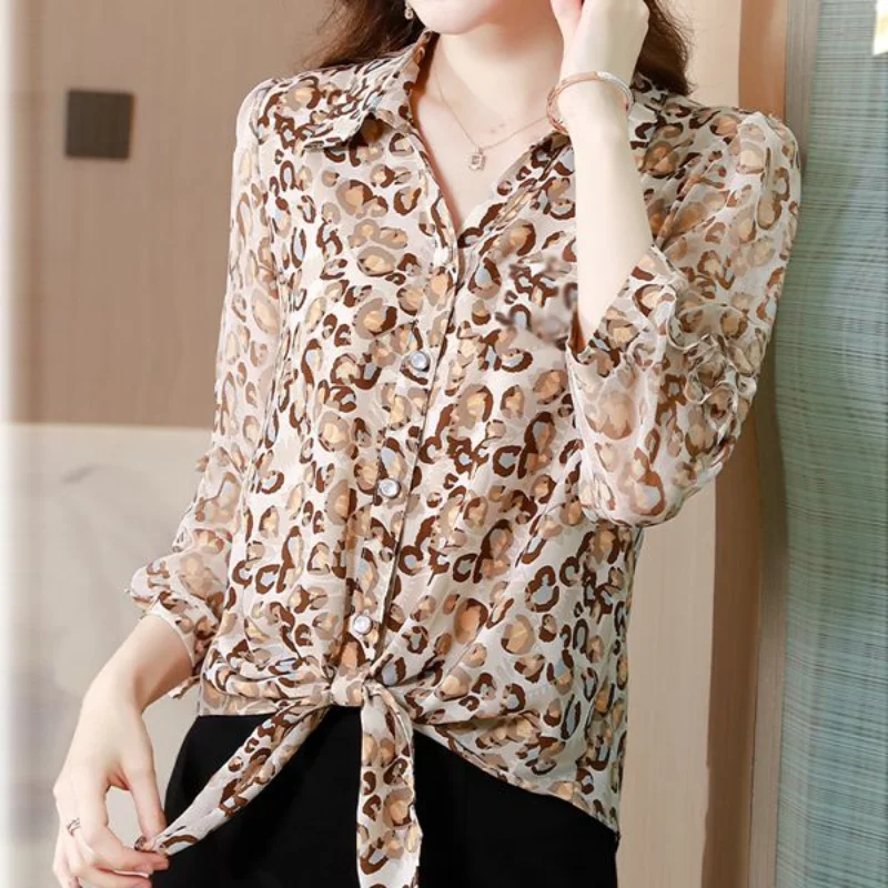 Fashion Fragmented Chiffon Blouse Women Shirt with 3/4 Sleeves Office Polo Collar Elegant All-match Lady Single-breasted Shirt