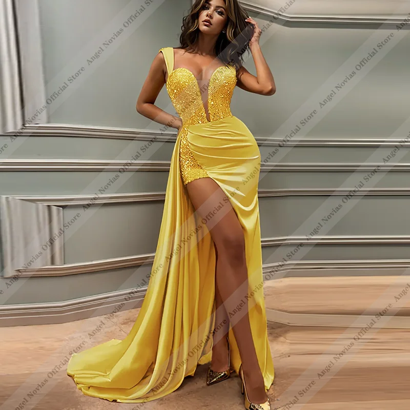 Customized Glitter Yellow Bridesmaid Dresses with Straps Wedding Evening Party Dresses Vestido De Festa Elegante Feminino Luxo