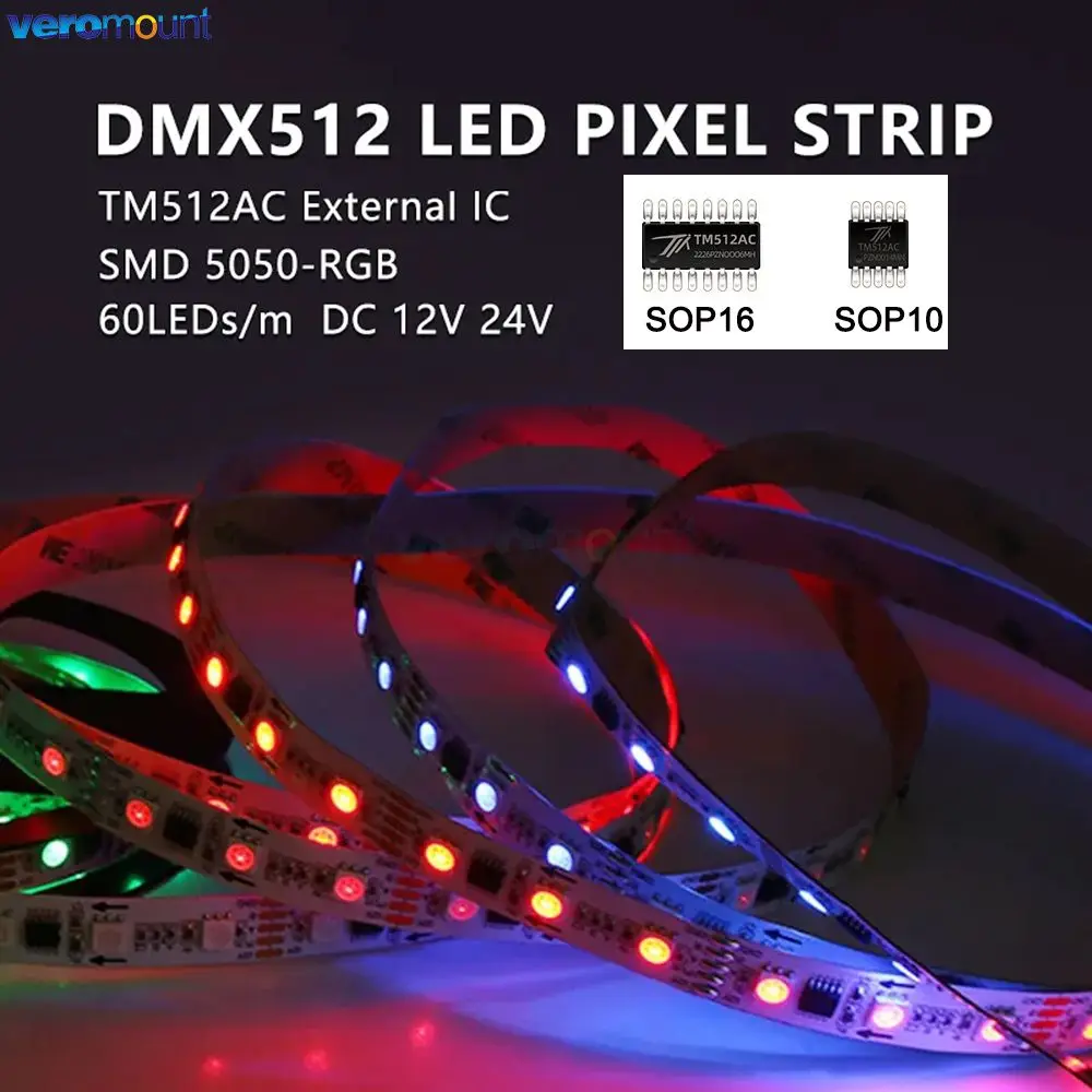 

5m DC12V 24V Standard DMX512 (External TM512AC IC SOP-10 SOP-16) 5050 RGB Pixel LED Strip 60Leds/m Digital Smart IP20/IP65/IP67