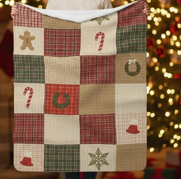 Vintage Christmas Sherpa Blanket Cozy Patchwork Holiday Throw Rustic Farmhouse Winter Decor Warm Christmas Gift Blankets