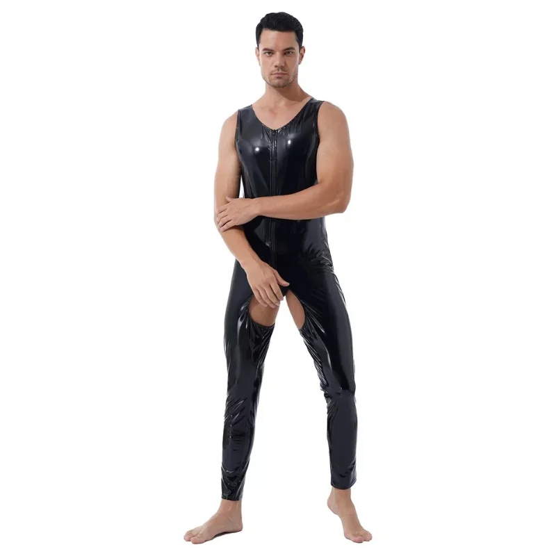 

7XL Faux Leather Mens Jumpsuits Leggings Sleeveless Latex PVC Bodysuits Pornos Zipper Open Crotch One Piece Bodywear Clubwear